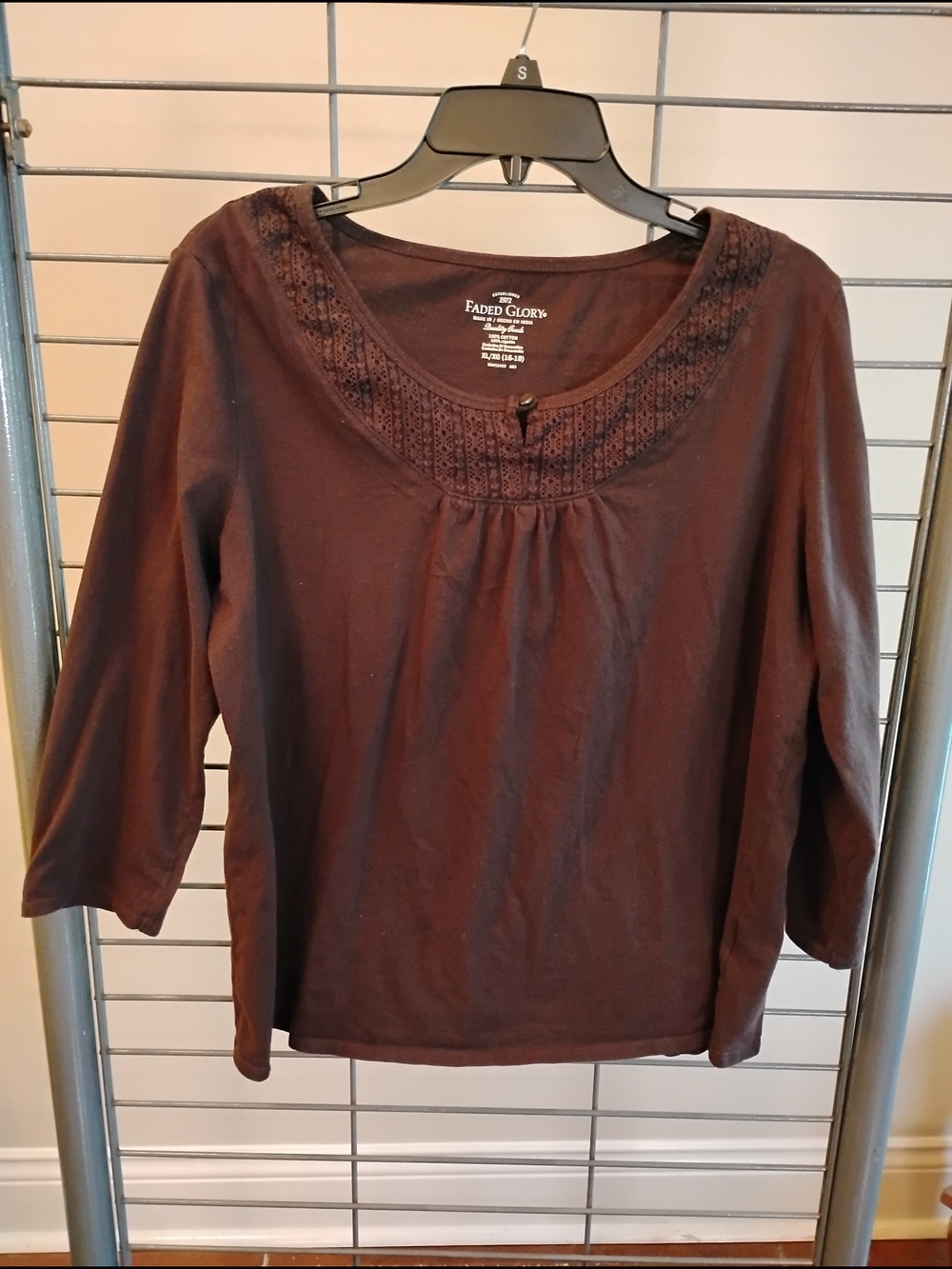 Faded Glory Dark Brown Scoop Neck Long Sleeve Top with Embroidered Yoke